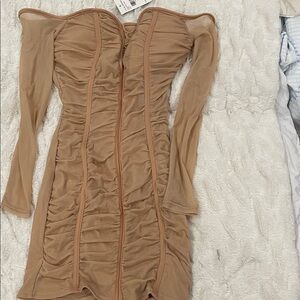 Fashion Nova Tan Long Sleeve Ruched Dress